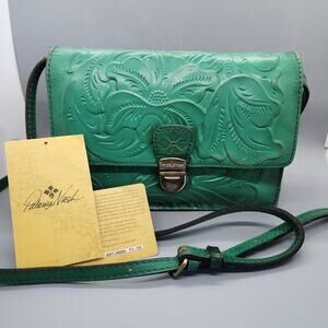 Patricia Nash Locri Soft Green Tooled Leather Purse Crossbody Burnished Tan
